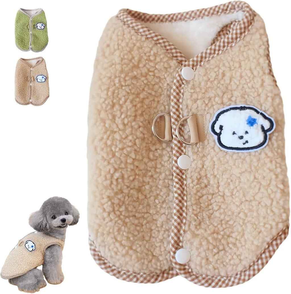 Green coral fleece dog sweatshirt vest with leash ring for winter wear