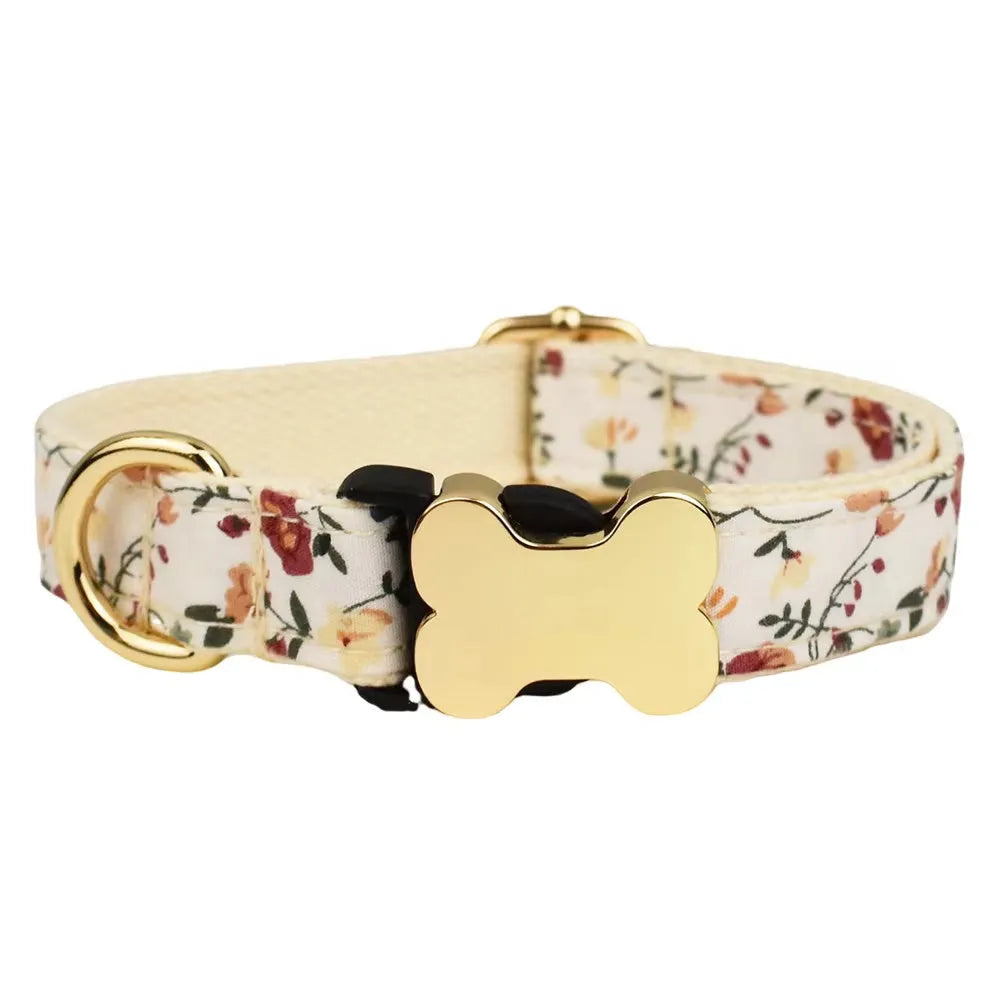 Flat fabric printed grid nylon dog collar with bone buckle closure in multiple colours