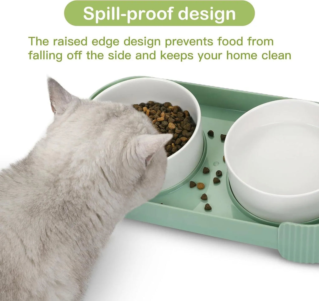 Green ceramic elevated cat bowls with tilted design on non-slip base for food and water