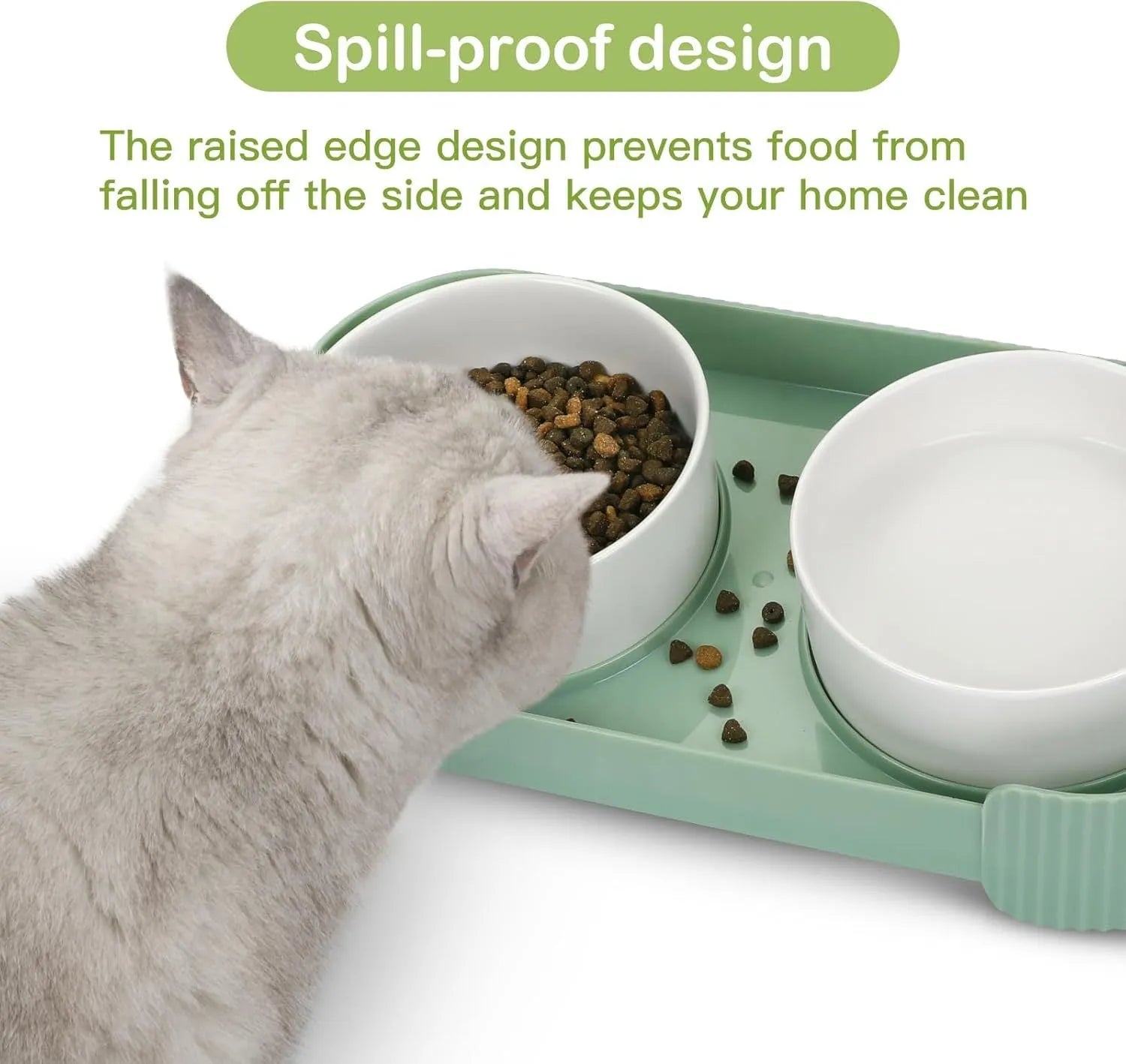 Green ceramic elevated cat bowls with tilted design on non-slip base for food and water