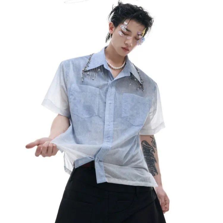 Blue loose fit half sleeve shirt with a blue to white gradient pattern on the front.