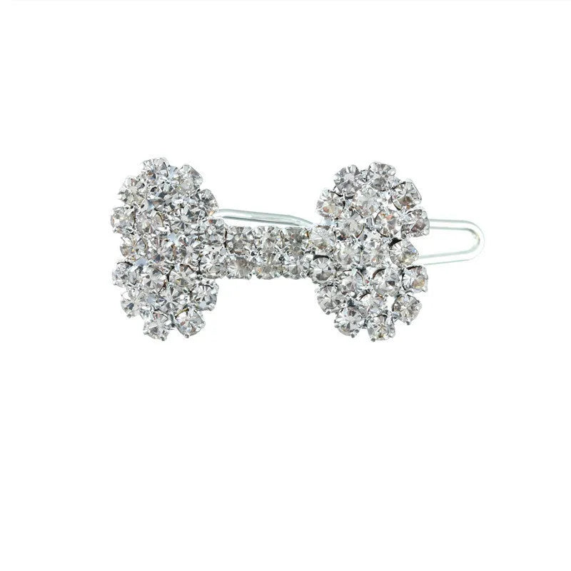 White pet barrette with diamond dog bone ornament, size S, for small dogs and cats