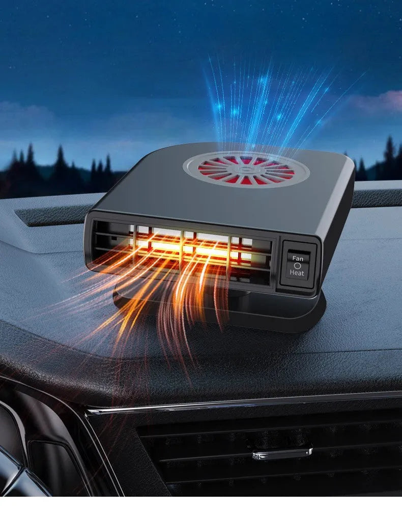 Black compact vehicle-mounted heater for car windscreen defrosting, shown with 12V plug.