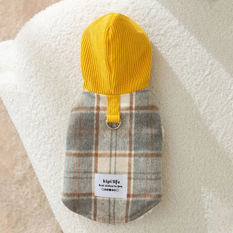 Corduroy chessboard grid hooded traction vest for dogs in blue or yellow with hooded design