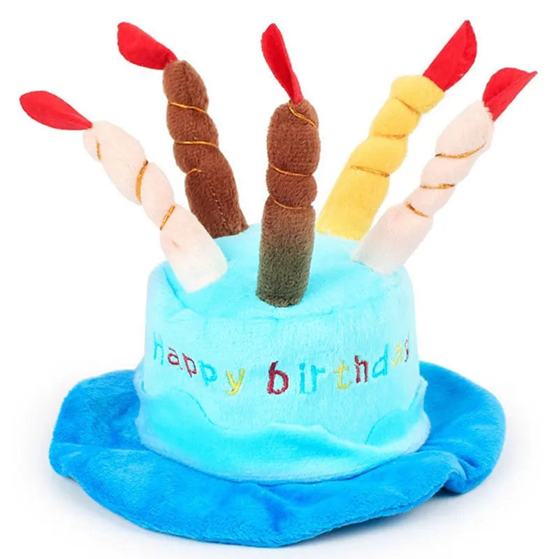 Blue dog birthday hat with elastic chin strap for pet party celebrations