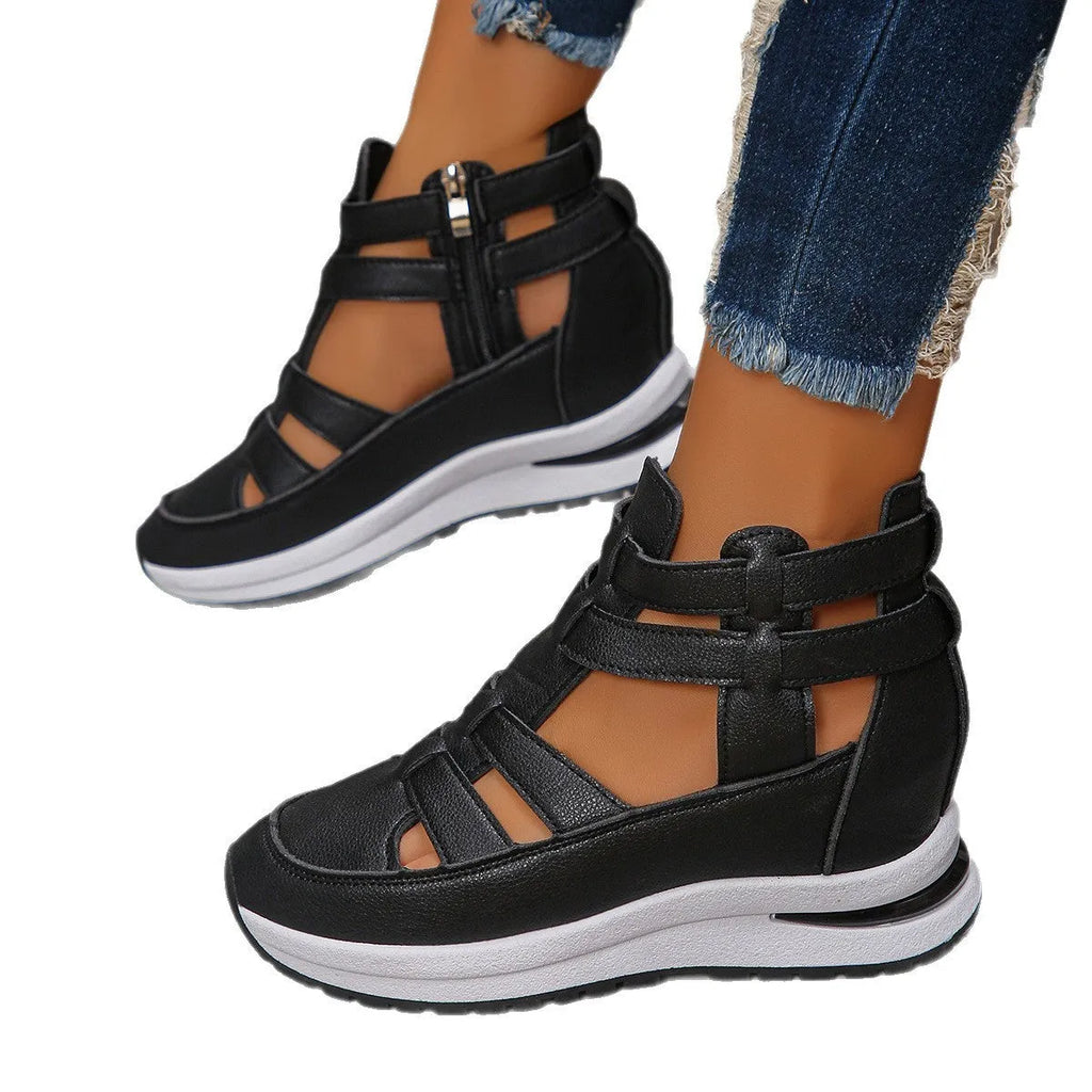 Women's black close-toed hollow-out platform sandals with Velcro strap and rubber sole