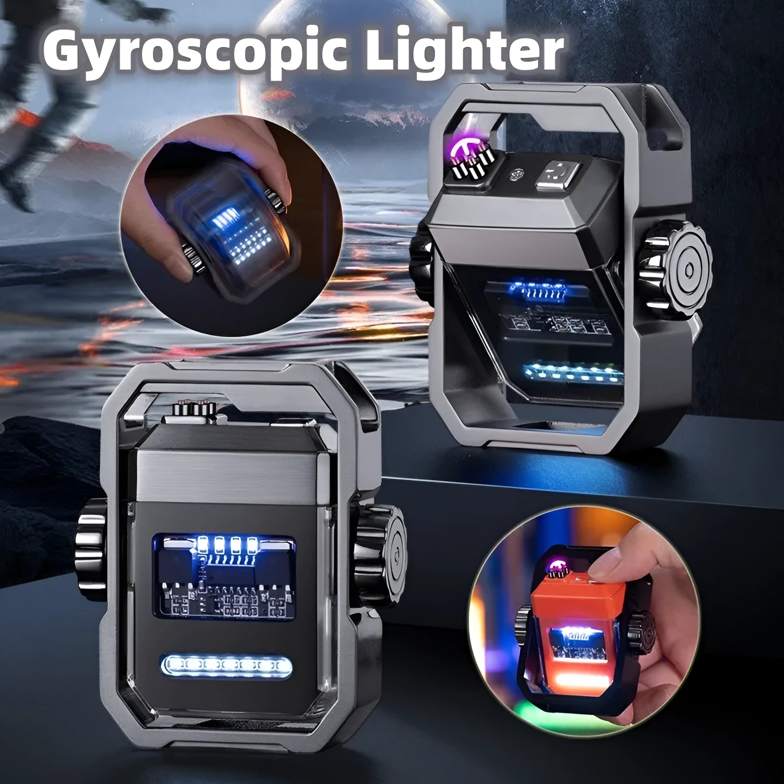 Blue windproof double arc electric lighter with a mechanical gyroscope and USB Type-C charging port.