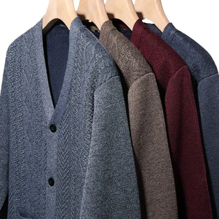 Men's brown striped cardigan sweater with wool lining shown on a model.