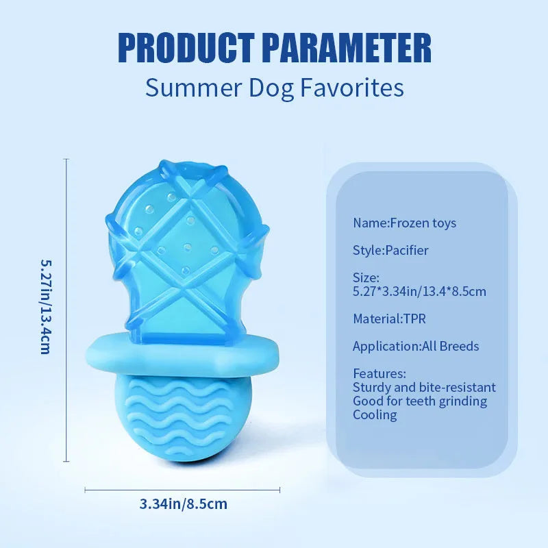 Set of three water-filled ice cold dog toys: pacifier, popsicle and ring styles for summer cooling