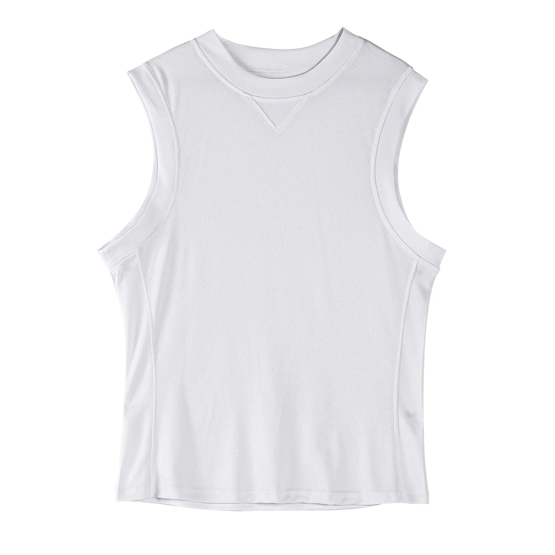Men's loose-fitting white sports vest made from quick-dry polyester blend fabric.