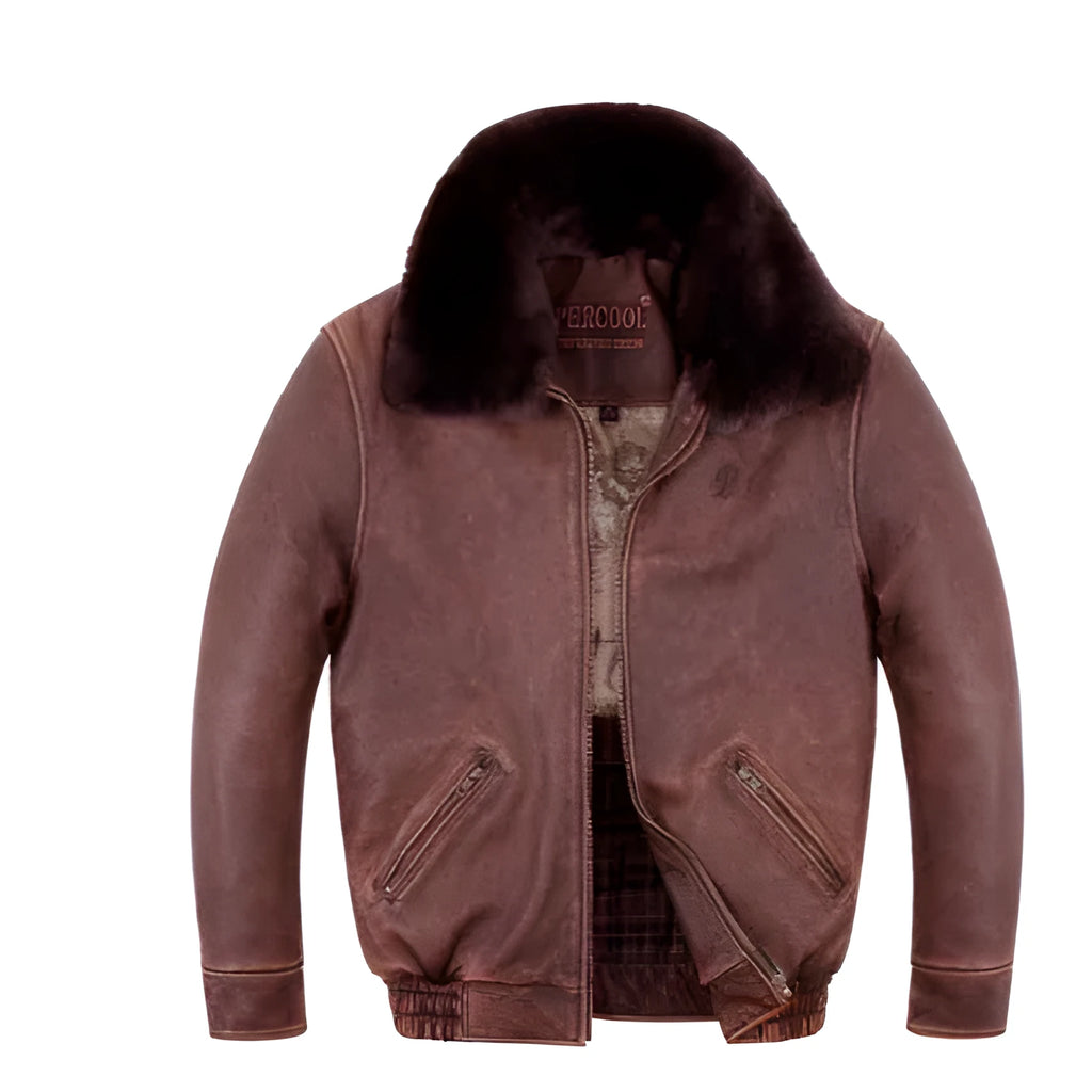 Men's old brown genuine cowhide leather flight suit jacket with ribbed hem and zipper