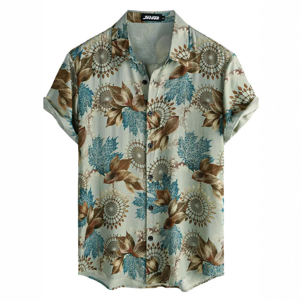 Man wearing a short sleeve Hawaiian shirt with a colourful floral print pattern.