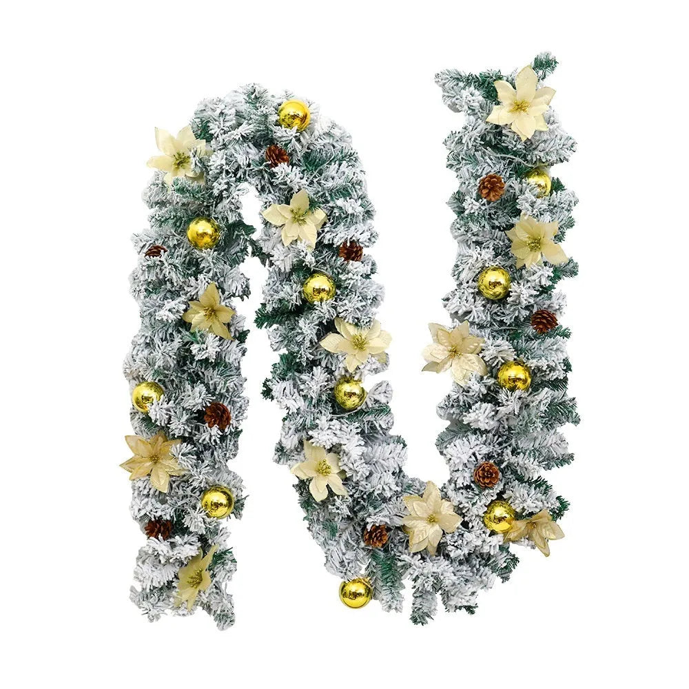 American-style flocked rattan Christmas garland in red, draped over a mantelpiece.
