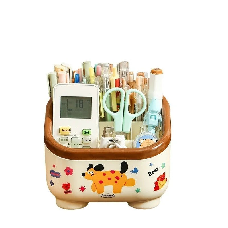 Red and brown cartoon-style desktop organiser with grid compartments for stationery and cosmetics.