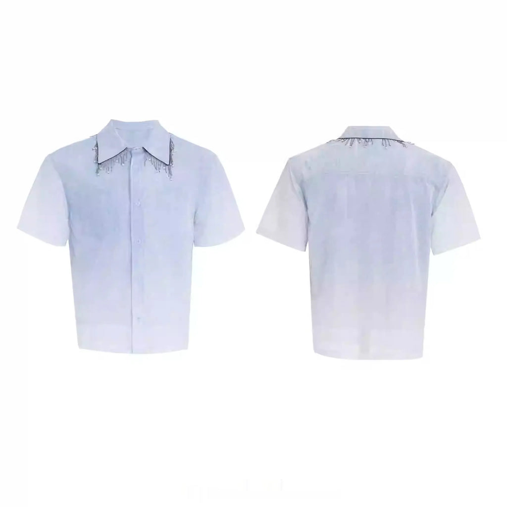 Blue loose fit half sleeve shirt with a blue to white gradient pattern on the front.