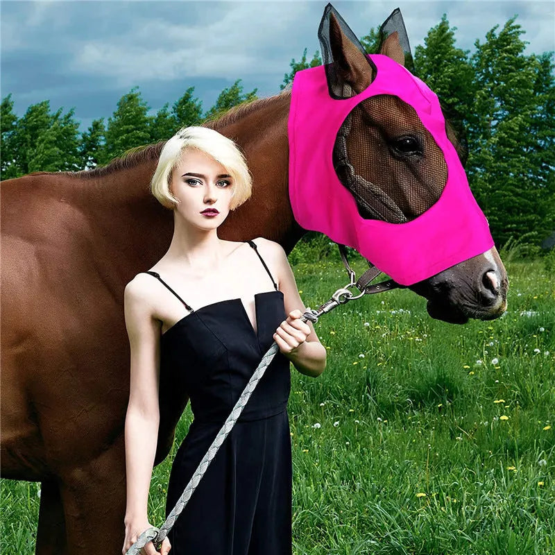 Lycra horse fly mask with ears in a check pattern, available in black blue grey purple rose red, for trail and pasture use.