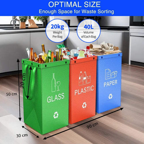 Blue 40-litre plastic handbag-style garbage bin with dimensions 30cm by 50cm by 30cm.