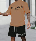 Men's two-piece short sleeve suit set in polyester with round neck pullover top and matching shorts