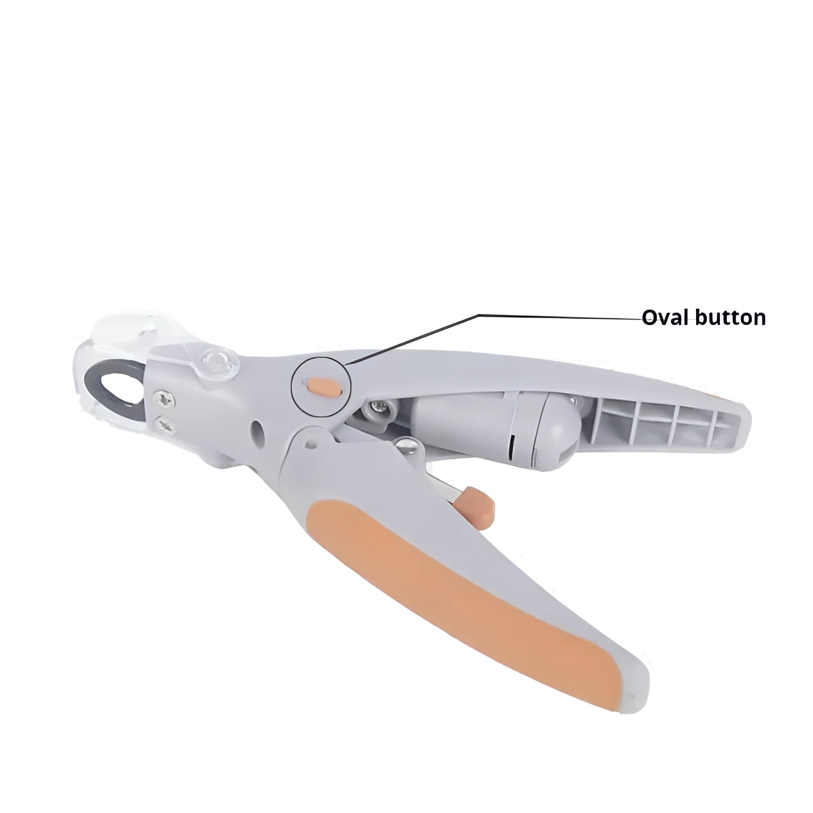 White battery-powered dog nail trimmer with built-in light and blood line guide on a blister card.