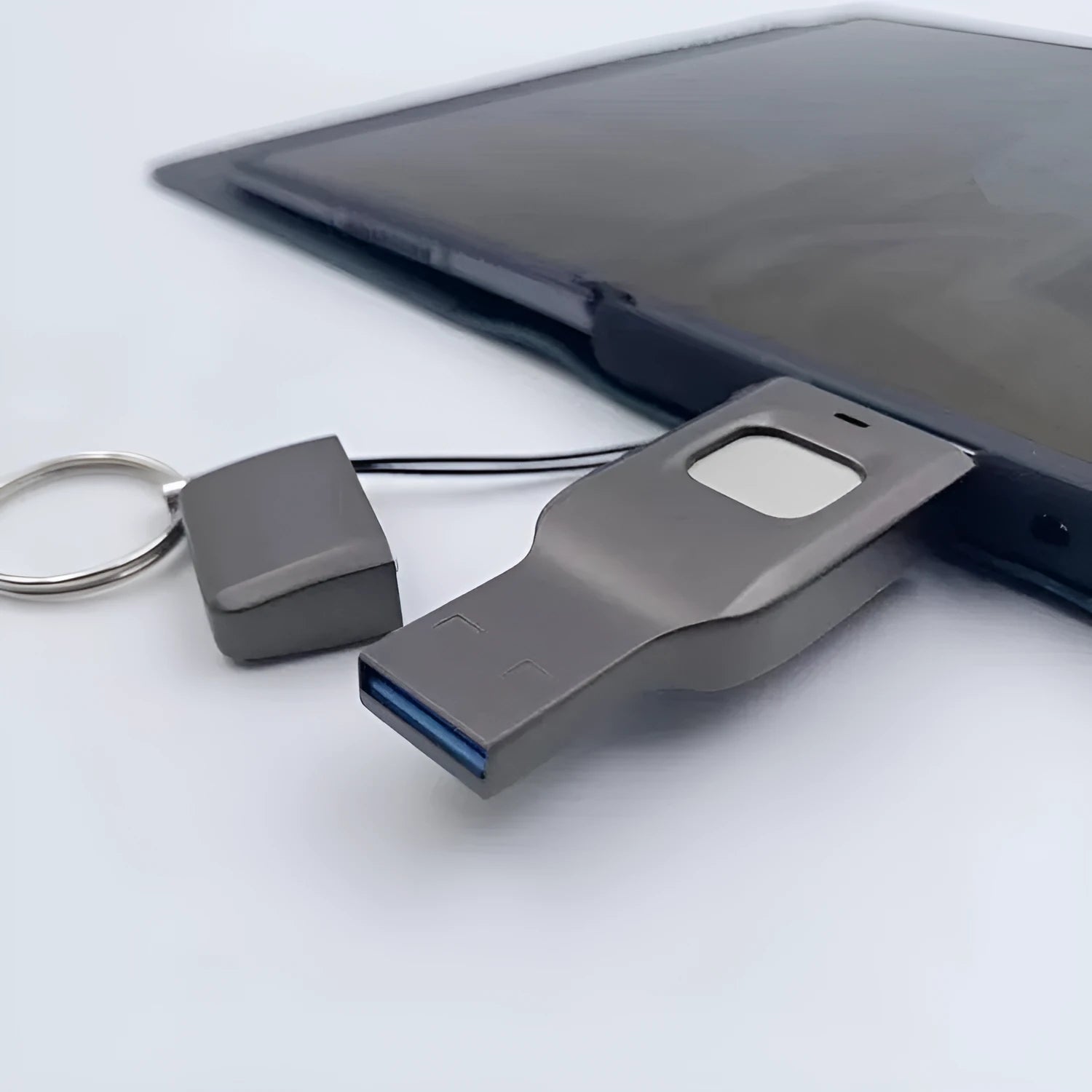 Black fingerprint encrypted USB flash drive with USB 3.0 and USB-C connectors for secure computer and mobile storage