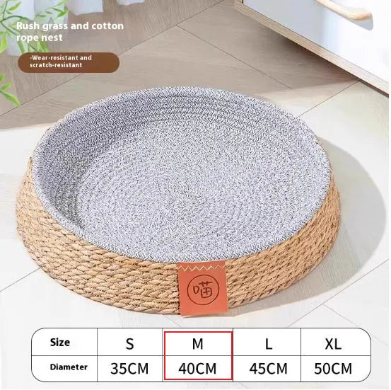 Rattan woven cat nest bed for pets, shown in size L for large cats.