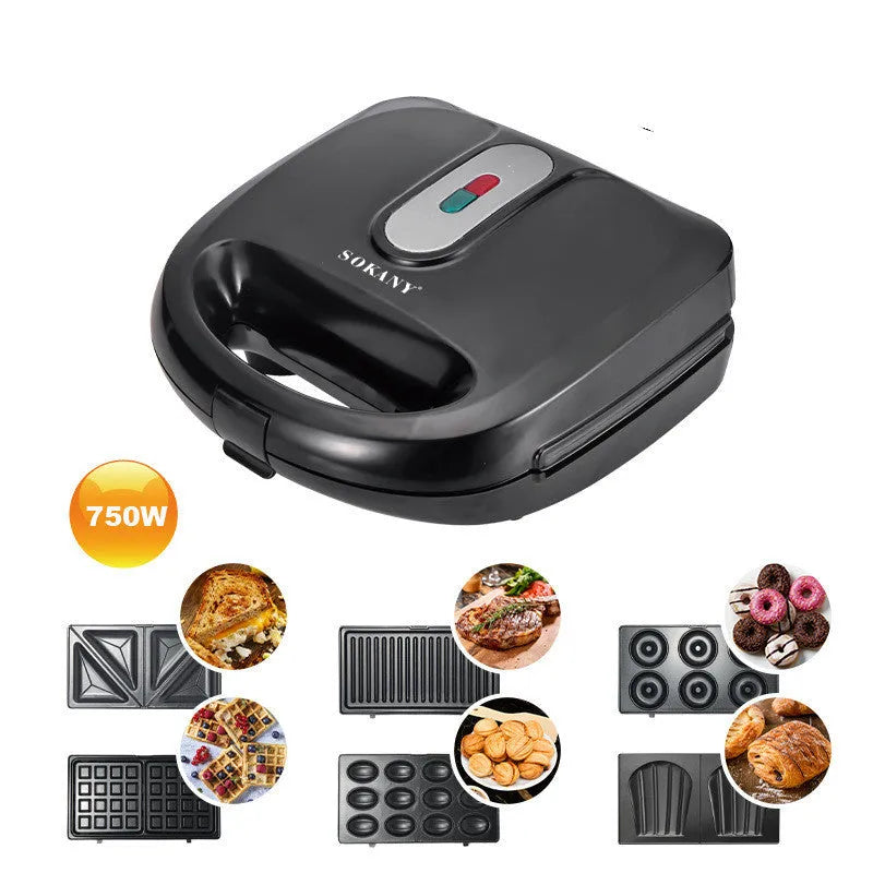 Black electric sandwich maker with six non-stick pans and a brushed stainless steel top cover.