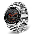 Smart watch with stainless steel wristband and 1.3-inch touch screen displaying step counter