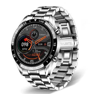 Smart watch with stainless steel wristband and 1.3-inch touch screen displaying step counter
