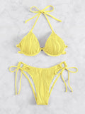 Women's apricot coloured split bikini swimsuit with steel bracket underwire on a mannequin.