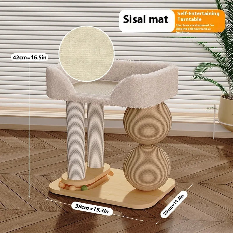 Pine wood cat scratching ball nest with integrated resting area in three style variations