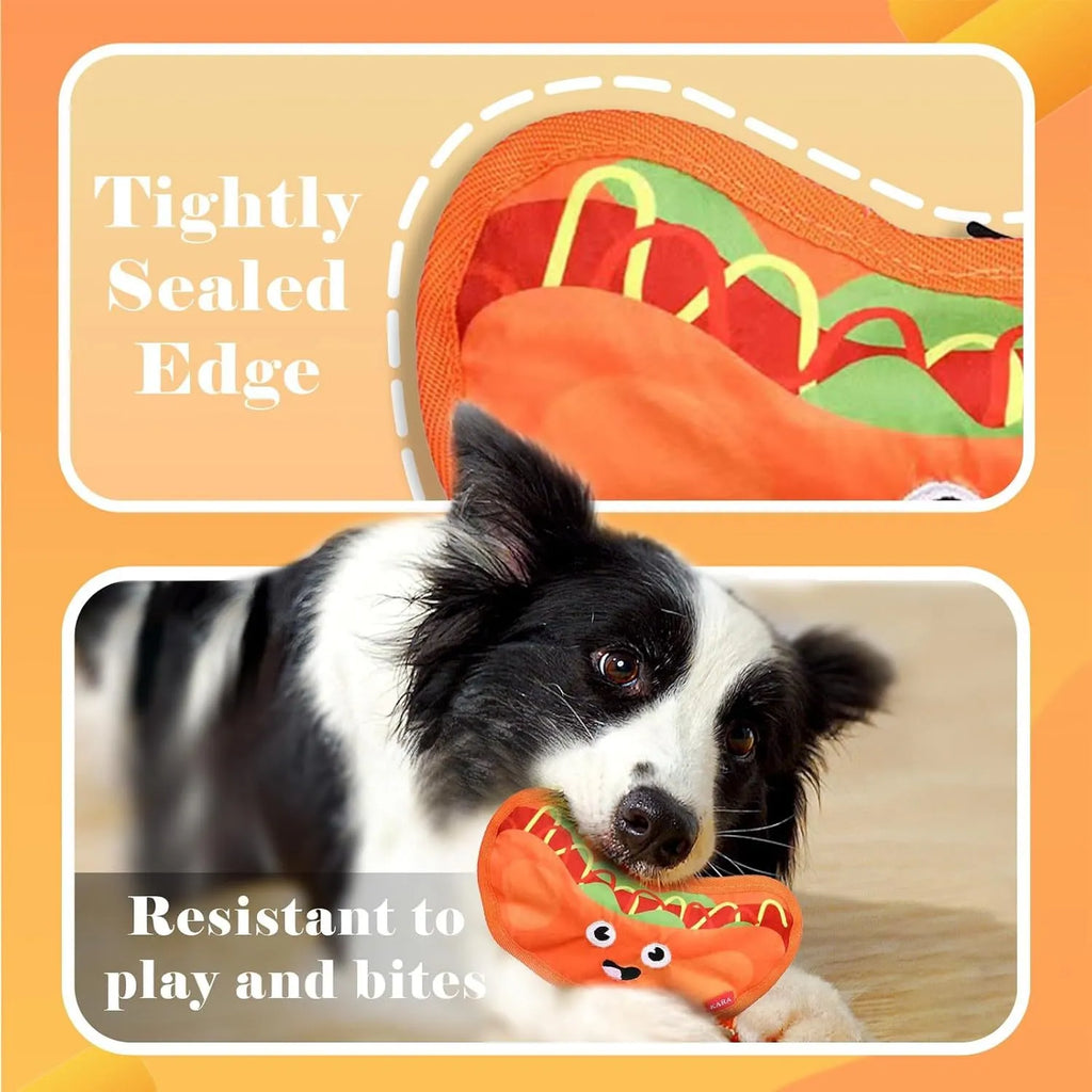 Colourful hamburger, fries, hot dog, and pizza shaped crinkle and squeaky dog toys