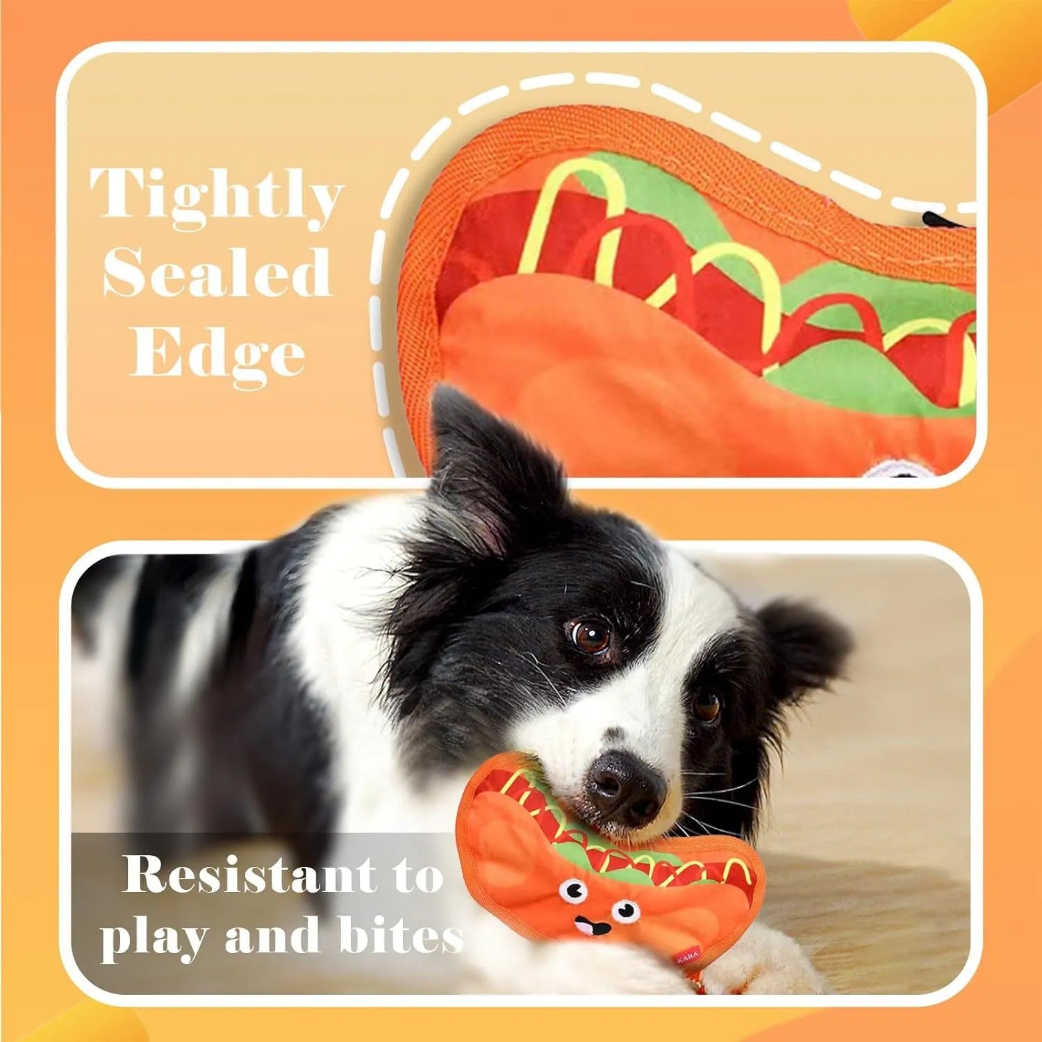 Colourful hamburger, fries, hot dog, and pizza shaped crinkle and squeaky dog toys