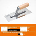 Stainless steel putty scraper with wooden handle for floor and wall decoration work.