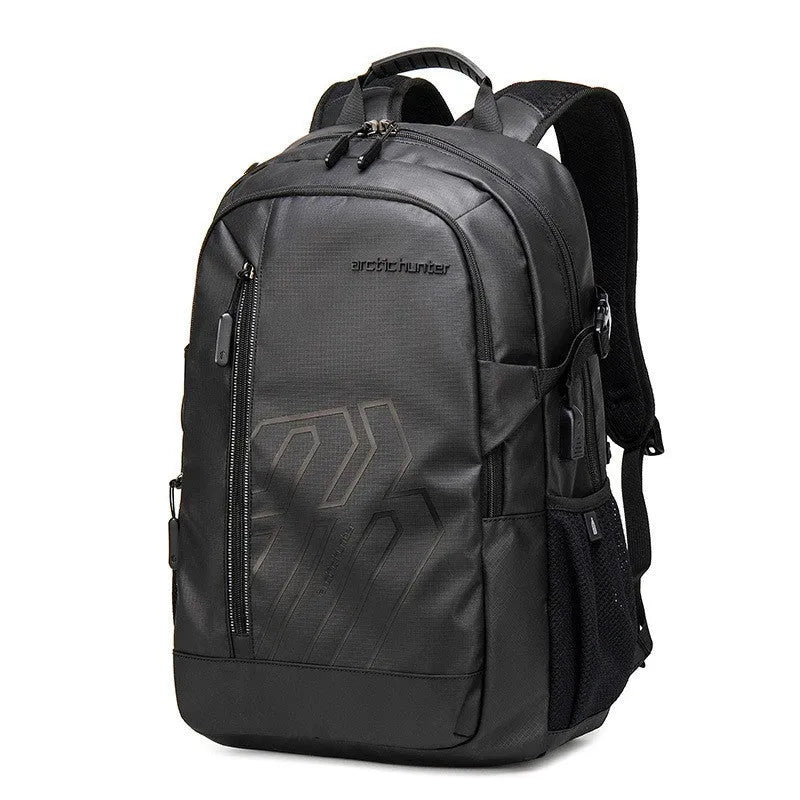 Blue plaid polyester casual backpack with curved shoulder strap, shown from the side.