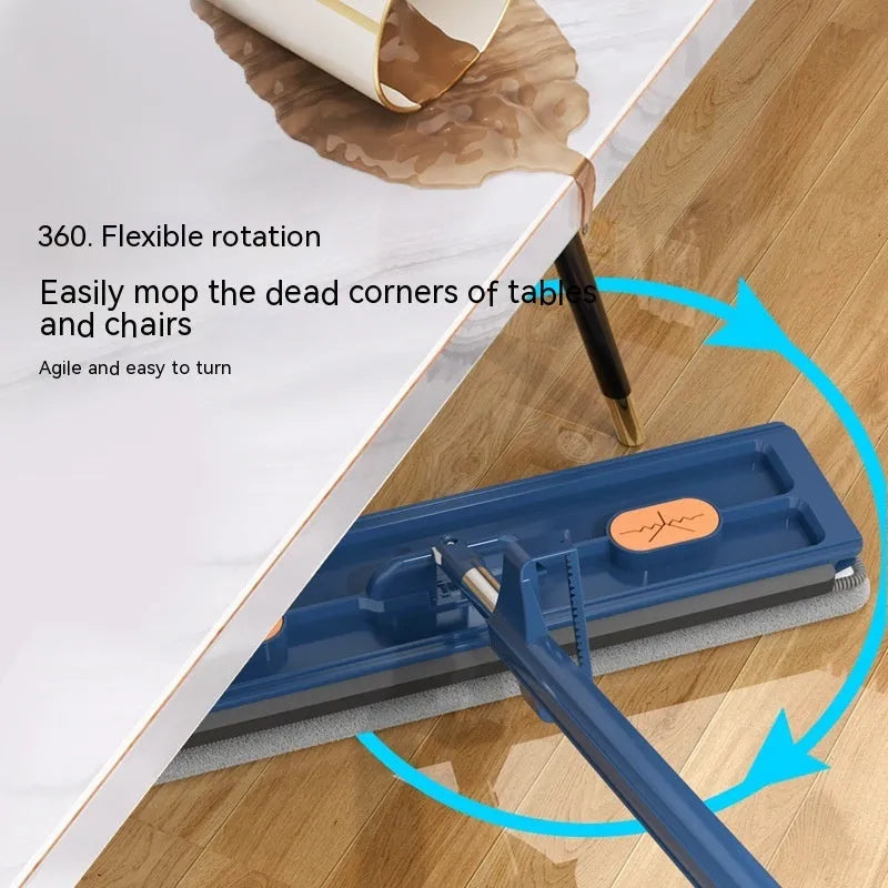 Large flat mop with blue rotating head and stainless steel long handle next to two microfibre cloths