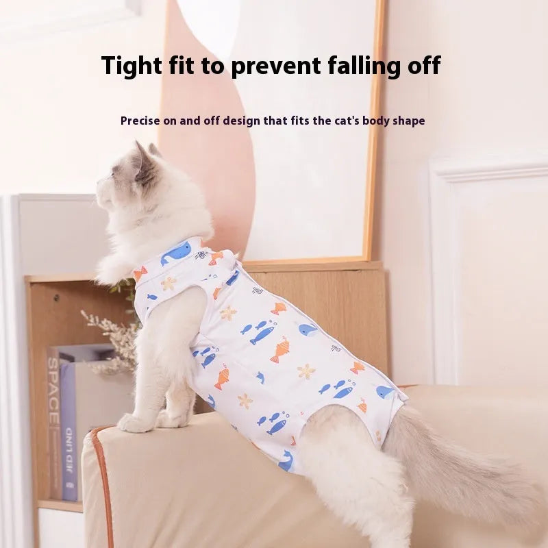 Cat wearing a patterned polyester sterilisation recovery suit with Velcro fastening on its side.