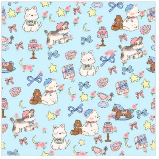 Colourful cartoon cat print nylon cosmetic bag shown in blue puppy design, available in three sizes.