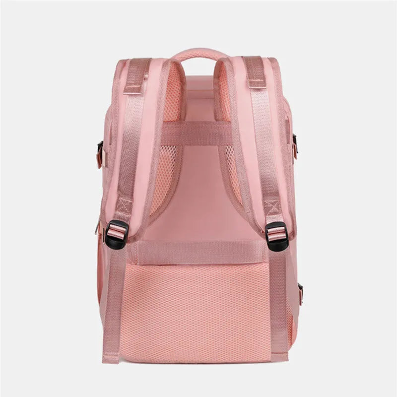 Purple large-capacity travel backpack with multiple compartments and air-pillow shoulder straps.