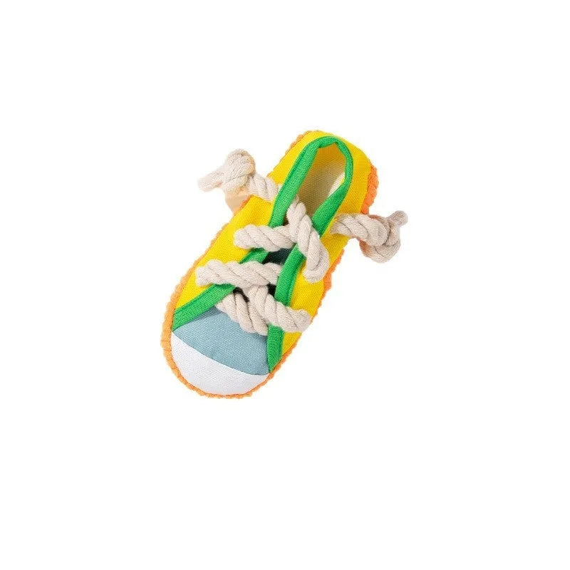 Plastic dog slippers toy in rock yellow, black, and sea fog blue colours with sound feature.