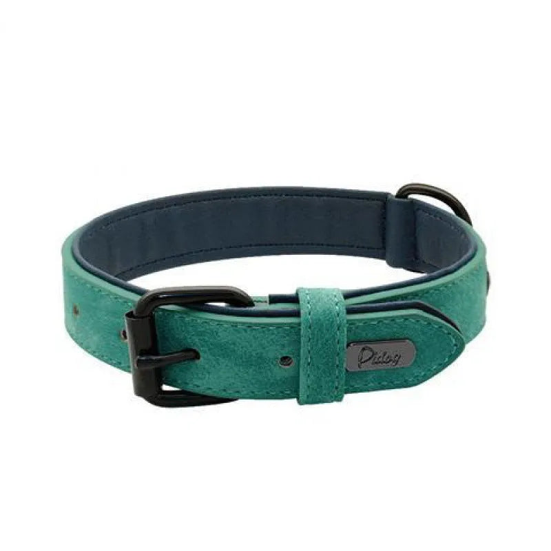 Adjustable dog collar in purple showing durable PU front and microfiber back, with size options.
