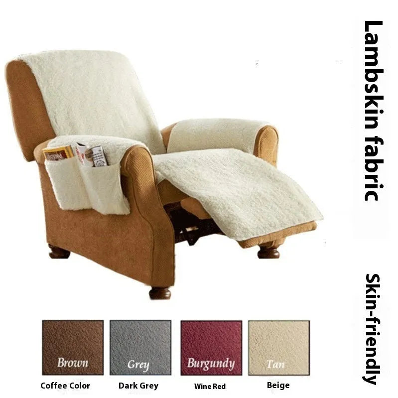 Polyester sofa cushion slipcover in a lamb wool colour on a sofa, showing elasticated corner.