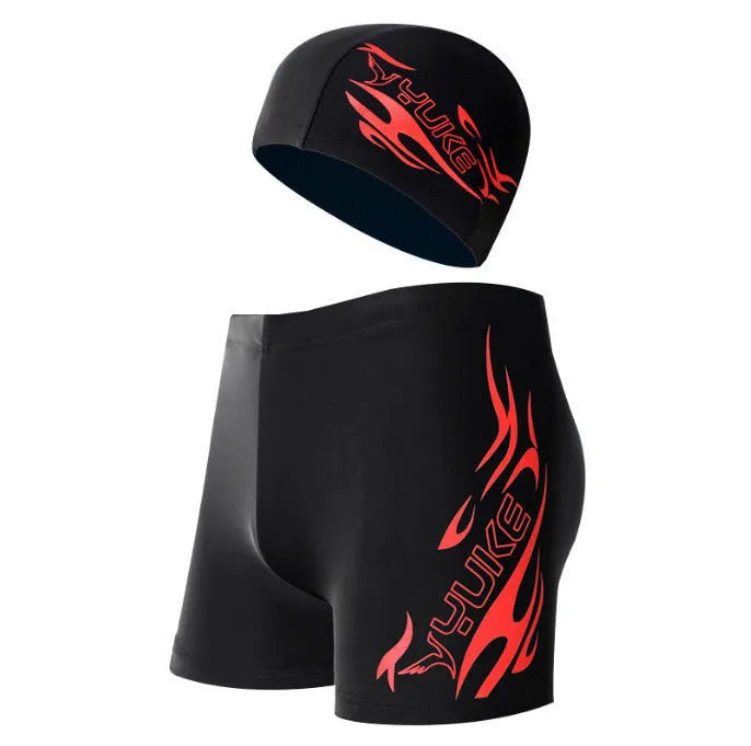 Men's plus size black swimming trunks with blue flame pattern, boxer style.