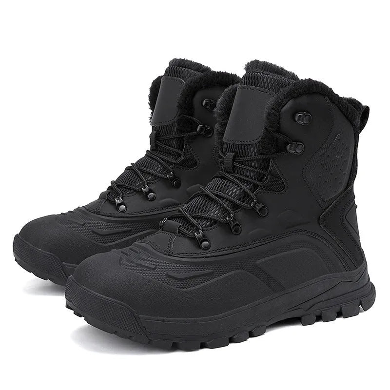 Men's black fleece-lined high-top lace-up boots with a ribbed TPR sole on a plain background.