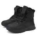 Men's black fleece-lined high-top lace-up boots with a ribbed TPR sole on a plain background.