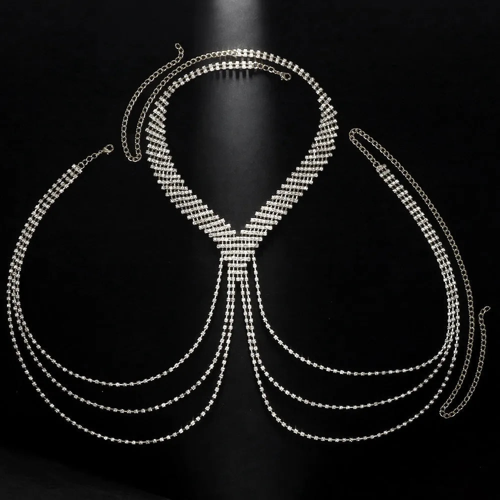 Men's multi-layer tassel rhinestone body chain in silver, alloy electroplated finish, geometric shape, 40g weight