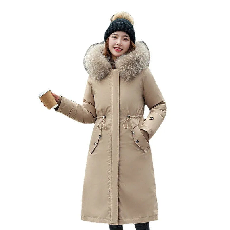 Women's long elegant trench coat in bean green with fleece lining and extended length