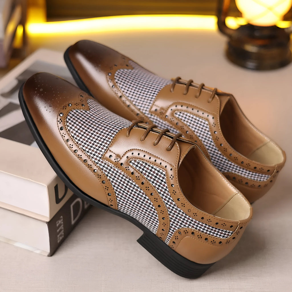 Men's casual plaid shoes in houndstooth pattern with square toe and lace-up front, shown in multiple colours.