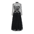 Women's black polyester beaded dress with long sleeves and three-dimensional decoration