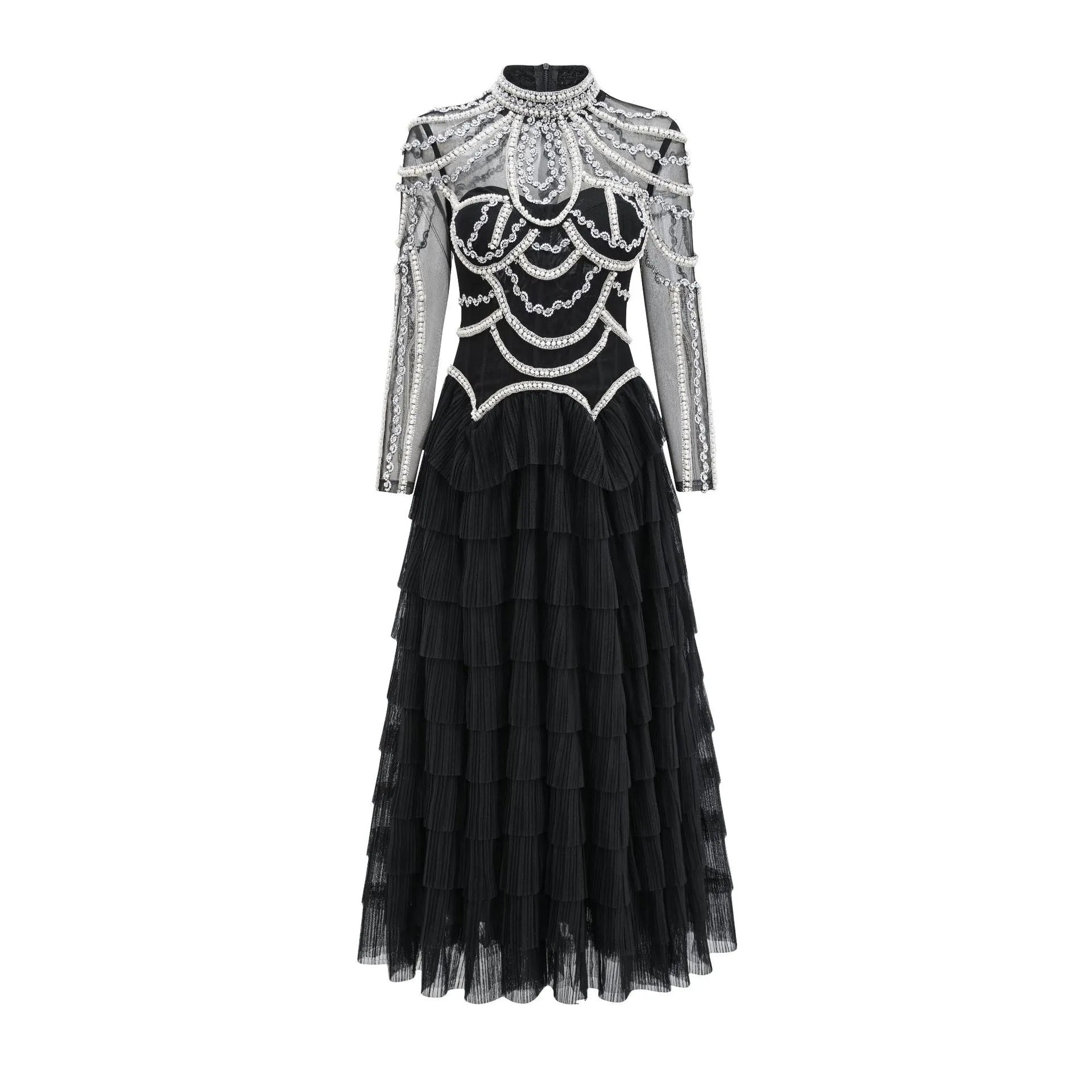 Women's black polyester beaded dress with long sleeves and three-dimensional decoration