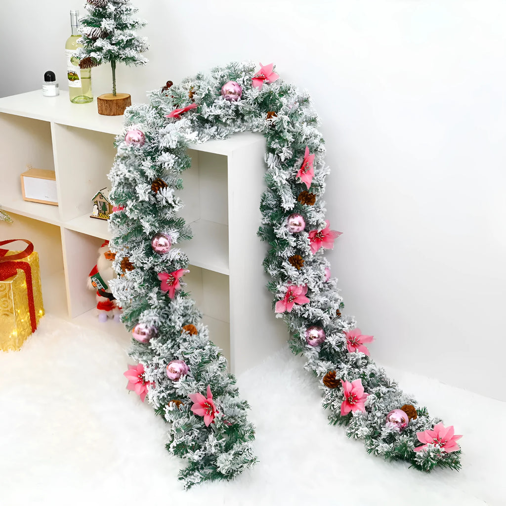 American-style flocked rattan Christmas garland in red, draped over a mantelpiece.